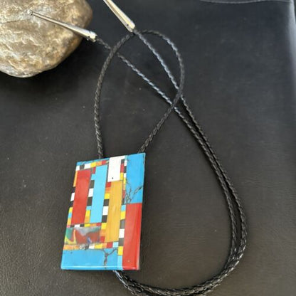 Men's Turquoise Orange Spiny Oyster Bolo Tie | Santo Domingo | Sterling Silver | 15500