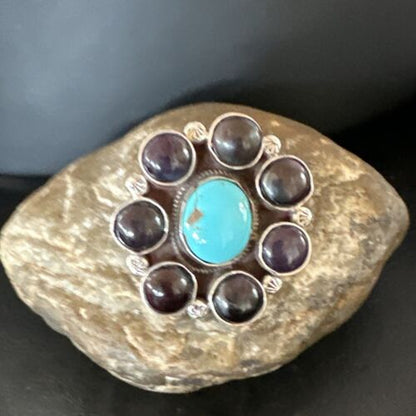 Navajo Blue Kingman Turquoise and Sugilite Cluster Ring | Authentic Native American Sterling Silver | Multi-Stone | Sz 7 | 16773