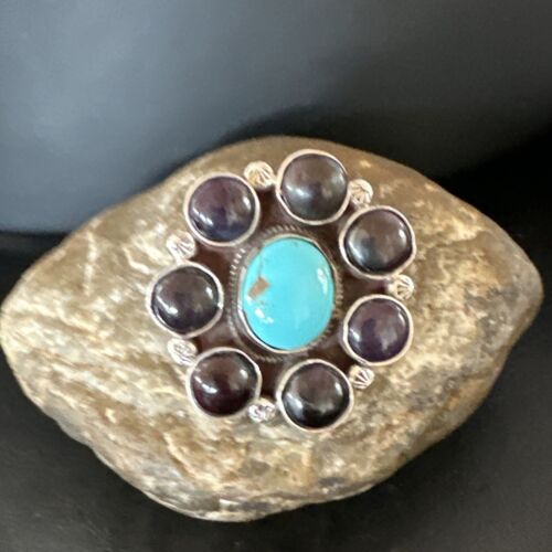 Navajo Blue Kingman Turquoise and Sugilite Cluster Ring | Authentic Native American Sterling Silver | Multi-Stone | Sz 7 | 16773