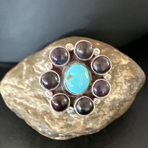 Cluster Blue Kingman Turquoise Sugilite Navajo Sterling Silver Ring Size 7 16773