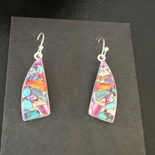 Navajo Blue Turquoise Red Spiny Oyster Inlay Dangle Earrings | Sterling Silver | 15575
