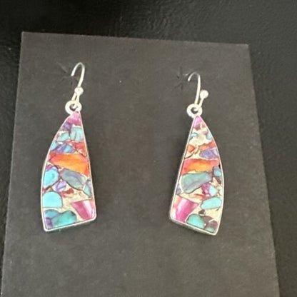 Navajo Blue Turquoise Red Spiny Oyster Inlay Dangle Earrings | Sterling Silver | 15575