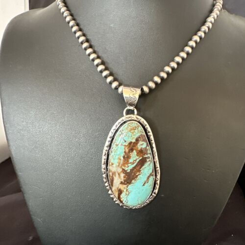 Navajo Blue Turquoise #8 Pendant Necklace | Sterling Silver Pearls | Authentic Native American Handmade | 16346