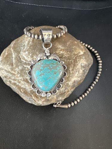 Navajo Pearls Sterling Silver Necklace with Blue Turquoise #8 Pendant | Authentic Native American Handmade | 14858
