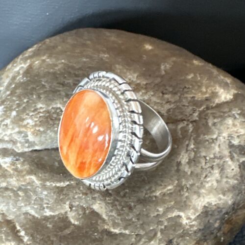 Navajo Orange Spiny Oyster Ring | Sterling Silver | Sz 7.5 | Authentic Native American Handmade | 16029