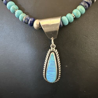 Navajo Opal Inlay Pendant with Turquoise & Lapis | Sterling Silver Necklace | Authentic Native American Handmade | 16849