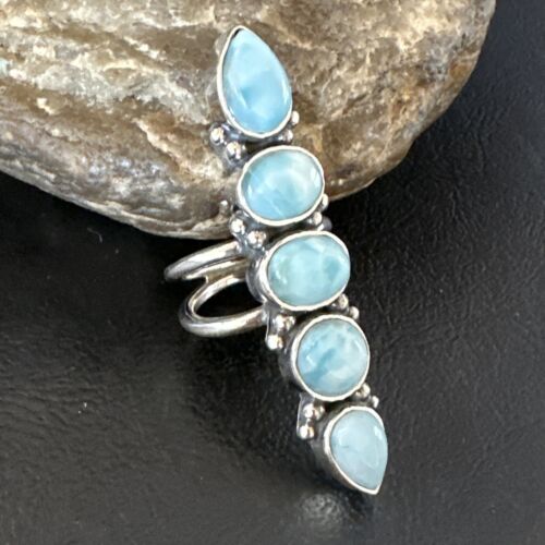 Navajo Women's Cluster Blue Larimar Ring | Authentic Native American Sterling Silver | Multi-Stone | Sz 7.5 | 16150