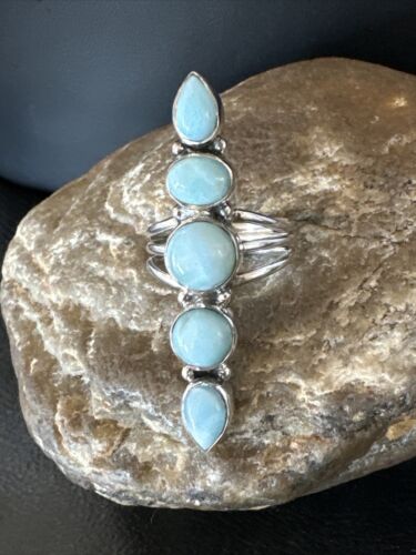 Navajo Blue Larimar Cluster Ring | Authentic Native American Sterling Silver | Multi-Stone | Sz 8.5 | 16159