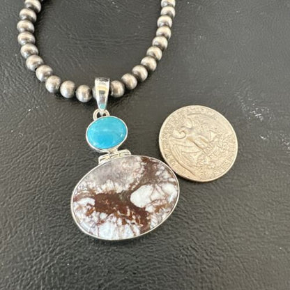 Navajo Wild Horse | Blue Kingman Turquoise Necklace | Sterling Silver | Authentic Native American Handmade | 17338