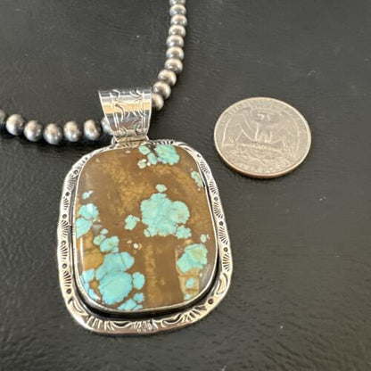 Navajo Blue Turquoise #8 Pendant | Sterling Silver Necklace with Pearls | Authentic Native American Handmade | 16350