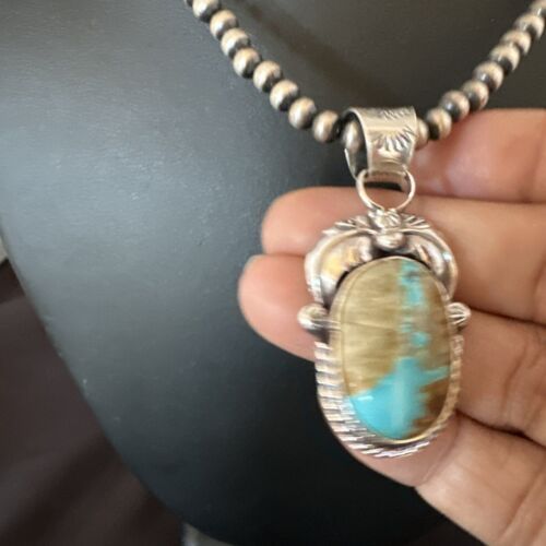 Navajo Blue Boulder Turquoise Necklace Pendant | Sterling Silver | Authentic Native American Handmade | 16139