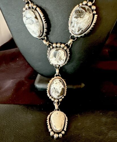 Navajo White Buffalo Turquoise Lariat Necklace | Sterling Silver | Authentic Native American Handmade | 17444