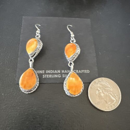 Navajo Orange Spiny Oyster Dangle Earrings | Sterling Silver | 1.5" | Authentic Native American Handmade | 16561