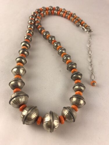 Navajo Pearls Spiny Oyster Bench Bead Necklace | Sterling Silver | 22" Single Strand| Authentic Native American Handmade | 9954