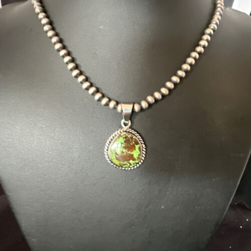 Navajo Green Gaspeite Pendant Necklace | Sterling Silver | Authentic Native American Handmade | 16362