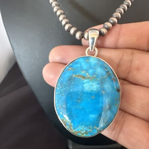 Navajo Blue Kingman Turquoise Pendant Necklace | Sterling Silver | 20" | Authentic Native American Handmade | 16675