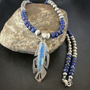 Navajo Blue Denim Lapis Feather Pendant Necklace | Sterling Silver Inlay | Authentic Native American Handmade | 16767
