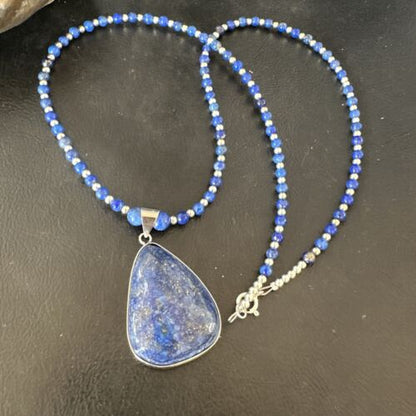 Navajo Blue Denim Lapis Pendant Necklace | Sterling Silver Pearls | 22" | Authentic Native American Handmade | 16579