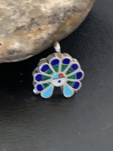 Zuni Sunface Turquoise Lapis Malachite Inlay Pendant | Sterling Silver | 1" | Authentic Native American Handmade | 1183