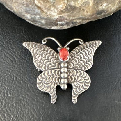 Navajo Butterfly Red Coral Pin Pendant | Sterling Silver | 1.25" | Authentic Native American Handmade | 15235