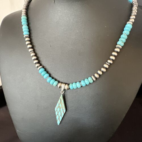 Navajo Blue Turquoise Inlay Pendant | Sterling Silver Necklace | Authentic Native American Handmade | 15421