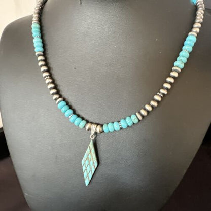 Navajo Blue Turquoise Inlay Pendant | Sterling Silver Necklace | Authentic Native American Handmade | 15421