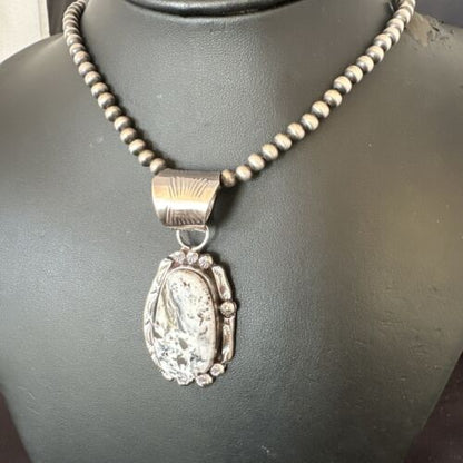 Men's White Buffalo Turquoise Pendant Necklace | Navajo Pearl Sterling Silver | 17037