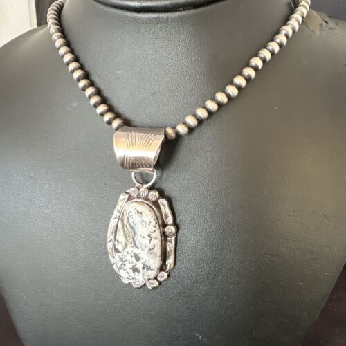 Men's White Buffalo Turquoise Pendant Necklace | Navajo Pearl Sterling Silver | 17037