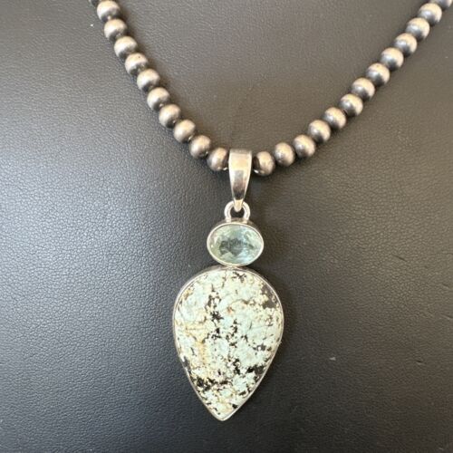 Navajo Dry Creek Turquoise Topaz Pendant Necklace | Sterling Silver | Authentic Native American Handmade | 16443