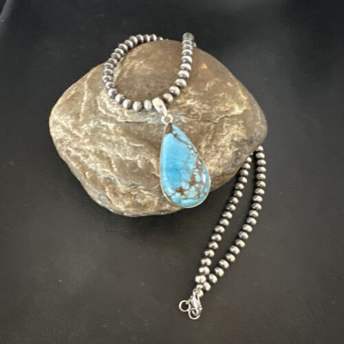Navajo Blue Spiderweb Turquoise Pendant Necklace | Sterling Silver | Authentic Native American Handmade | 17029