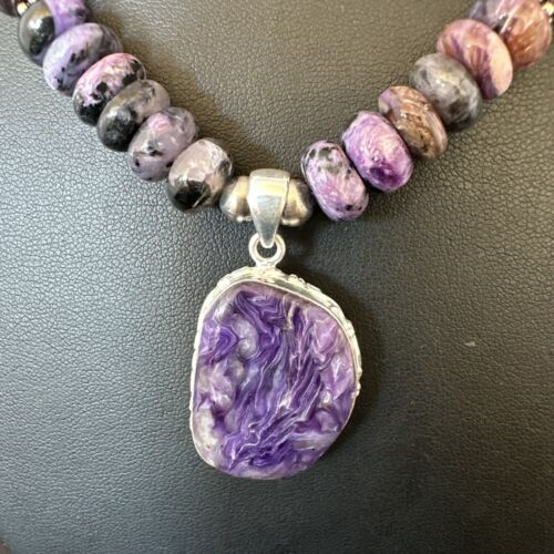 Navajo Purple Charoite Pendant with Pearls | Sterling Silver Necklace | Authentic Native American Handmade | 16337
