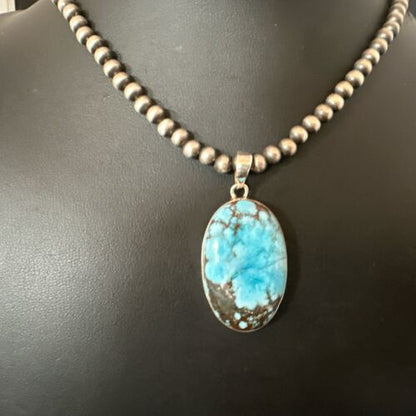 Navajo Blue Spiderweb Turquoise Pendant Necklace | Sterling Silver | Authentic Native American Handmade | 17018
