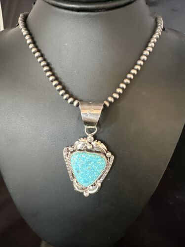 Navajo Kingman Turquoise Pendant Necklace | Sterling Silver Pearls | Authentic Native American Handmade | 15218