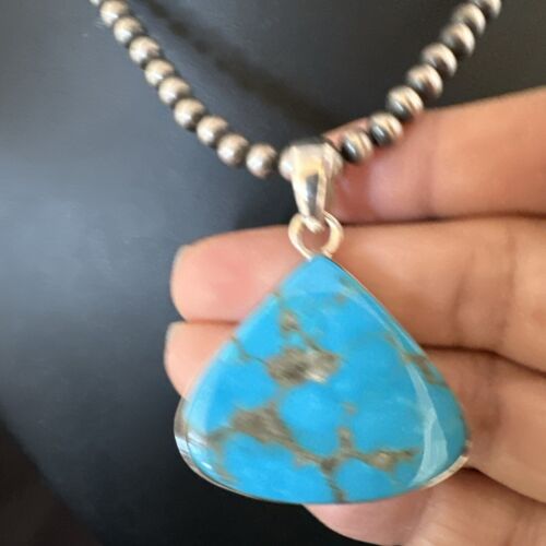 Navajo Blue Kingman Turquoise Pendant Necklace | Sterling Silver | 20" | Authentic Native American Handmade | 17002