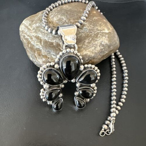 Mens Black Onyx Naja Pendant Navajo Pearls Sterling Silver Necklace 16103
