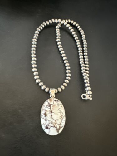 Navajo Wild Horse Turquoise Pendant Necklace | Sterling Silver Pearls | Authentic Native American Handmade | 15716