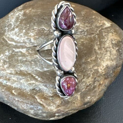 Navajo Purple Spiny Oyster & Mother of Pearl Cluster Ring | Authentic Native American Sterling Silver | Multi-Stone | Sz 7 | 17646