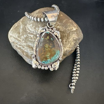 Men's Navajo Green Turquoise Pendant Necklace | Sterling Silver | Authentic Native American Handmade | 17528
