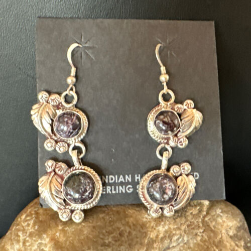 Navajo Purple Sugilite Dangle Earrings | Sterling Silver | 2" | Authentic Native American Handmade | 15693