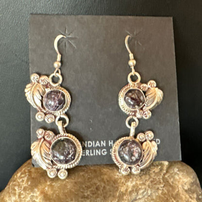 Navajo Purple Sugilite Dangle Earrings | Sterling Silver | 2" | Authentic Native American Handmade | 15693
