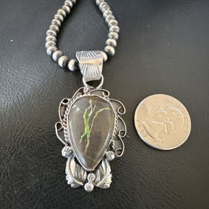 Navajo Green Boulder Turquoise Pendant Necklace | Sterling Silver | Men's Women's | 16135