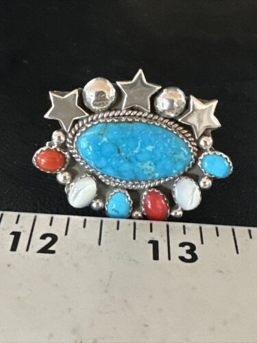 Navajo Coral Mother of Pearl Turquoise Multi-Stone Adjustable Ring | Authentic Native American Sterling Silver | Multi-Stone | 15331