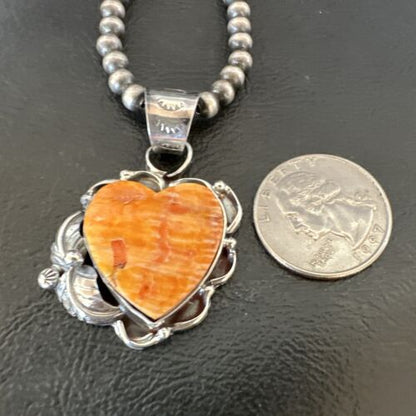 Navajo Orange Spiny Oyster Heart Pendant Necklace | Sterling Silver | Authentic Native American Handmade | 16447
