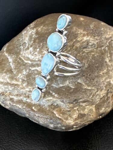 Navajo Women's Cluster Blue Larimar Ring | Authentic Native American Sterling Silver | Multi-Stone | Sz 8 | 16158