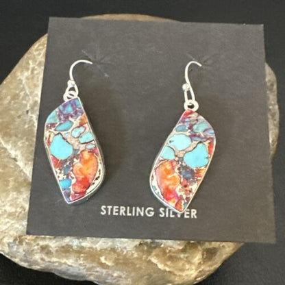 Navajo Blue Turquoise Red Spiny Oyster Inlay Dangle Earrings | Sterling Silver | 15579