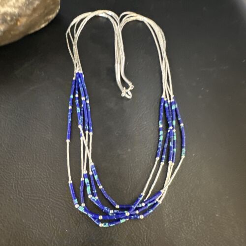 Navajo Blue Green Azurite 5-Strand Necklace | Sterling Silver | 20" | Authentic Native American Handmade | 15134