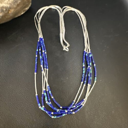 Navajo Blue Green Azurite 5-Strand Necklace | Sterling Silver | 20" | Authentic Native American Handmade | 15134