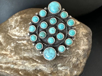 Navajo Blue Turquoise Cluster Ring | Authentic Native American Sterling Silver | Multi-Stone | Adjustable | Sz 7 | 16325