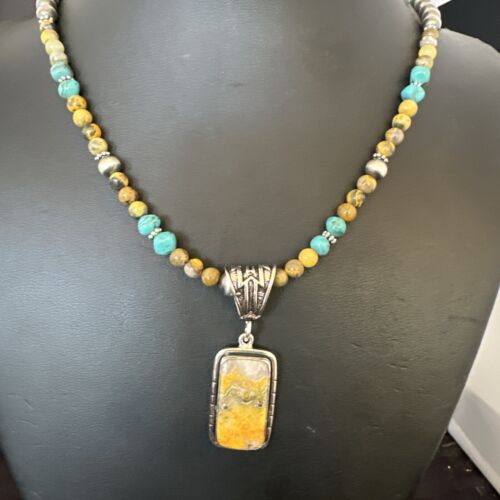 Men's BumbleBee Jasper Pendant Necklace | Navajo Pearls | Sterling Silver | Authentic Native American Handmade | 16880