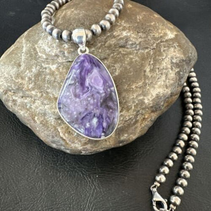 Navajo Purple Charoite Pendant with Pearls | Sterling Silver Necklace | Authentic Native American Handmade | 17312